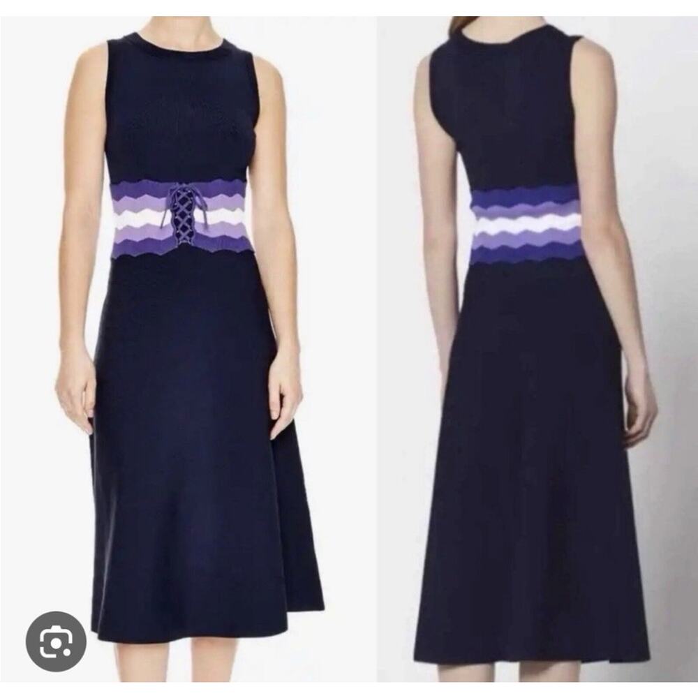 SANDRO Paris Kimiko Corset Midi Knit Dress Navy Chevron Belt Size 44 Medium A11